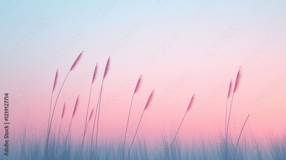 Serene Marshland at Dawn with Symmetrical Reeds Against a Soft Pastel Sky Serene Marshland at Dawn with Symmetrical Reeds Against a Soft Pastel Sky