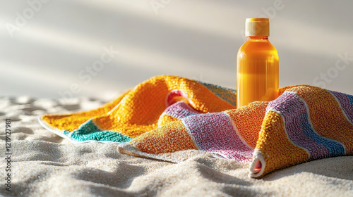 A Colorful Beach Towel And Sunscreen Bottle Placed On The Sand