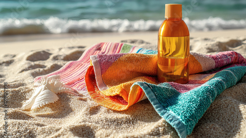 A Colorful Beach Towel And Sunscreen Bottle Placed On The Sand