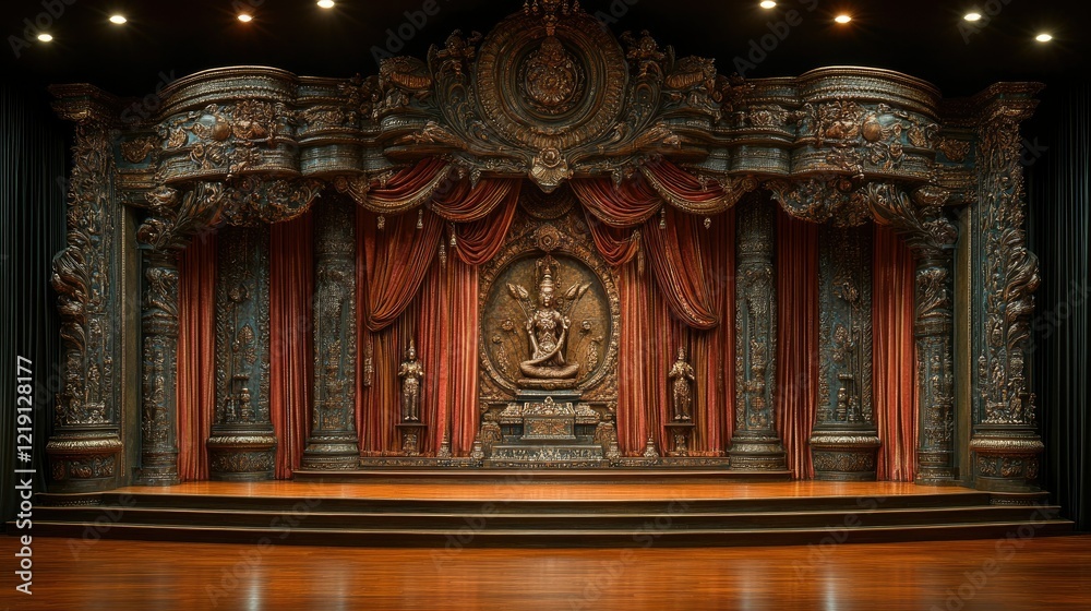 Obraz premium Ornate Stage Setting with Intricate Carving and Red Curtains