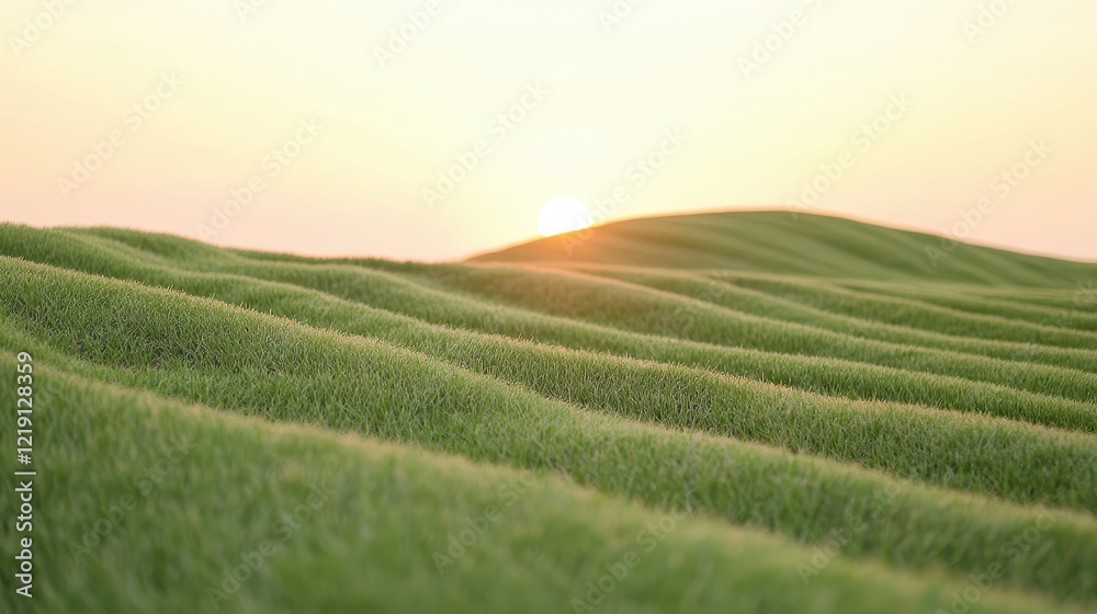 Obraz premium Serene Prairie Landscape at Sunset with Gentle Slopes and Symmetrical Formations Capturing Natural Beauty and Tranquility
