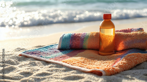 A Colorful Beach Towel And Sunscreen Bottle Placed On The Sand