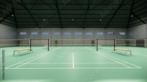  Indoor Badminton Court with Green Flooring and Benches