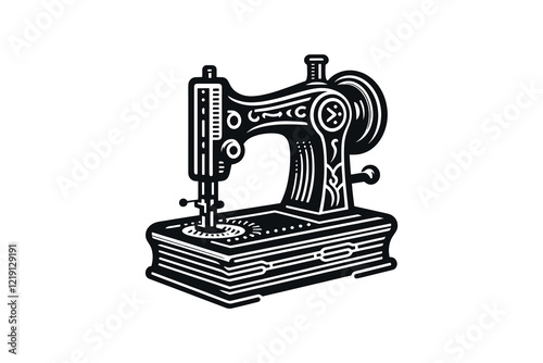 Vintage sewing machine vector illustration in engraving style