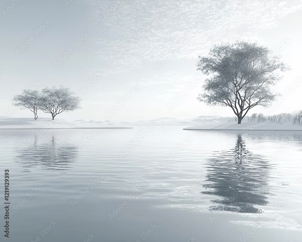 Serene winter landscape with two trees reflected in calm water. Serene winter landscape with two trees reflected in calm water.