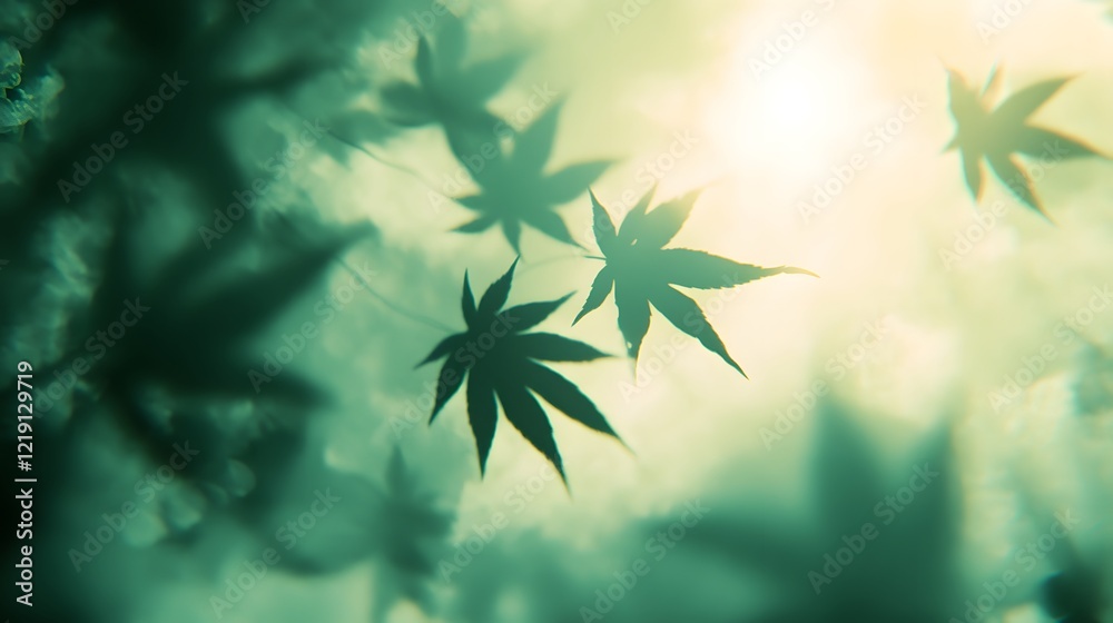Obraz premium Dreamy Green Maple Leaf Shadows Sunlit Background