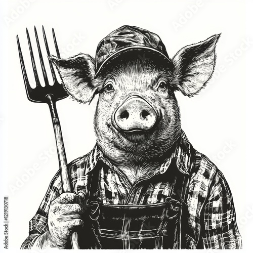 Charming Vintage Style Pig Farmer Illustration with Fork, Detailed Character Design and Rustic Farm Elements photo