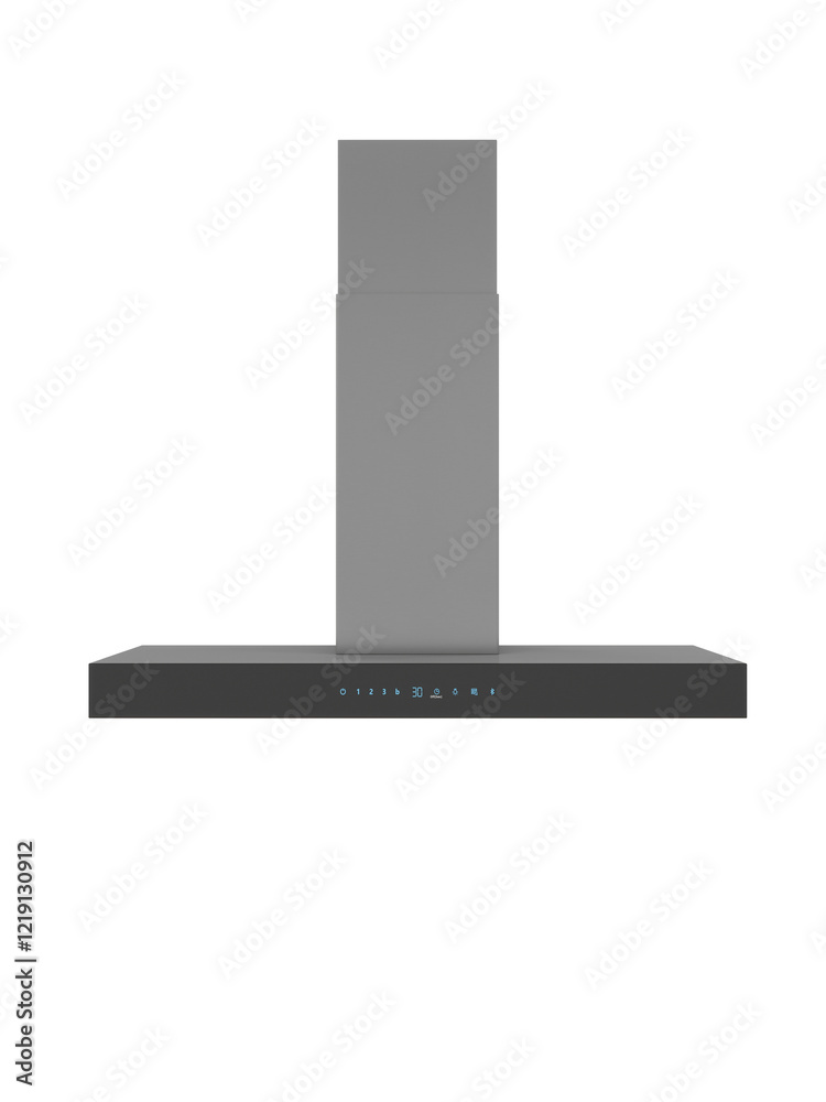 A modern kitchen range hood with a sleek, rectangular design, viewed from a front angle. A modern kitchen range hood with a sleek, rectangular design, viewed from a front angle.