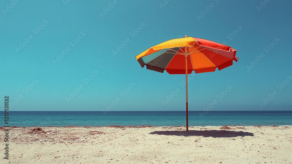 A Colorful Beach Umbrella Providing Shade Over A Sandy Shoreline A Colorful Beach Umbrella Providing Shade Over A Sandy Shoreline