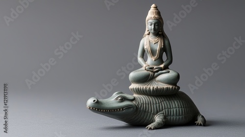 Small Statue of Ganga Devi Seated on Crocodile with Intricate Details and Calm Expression