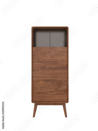 A mid-century modern style wooden nightstand with a natural brown finish, featuring a smooth texture, an open shelf, and two drawers, viewed from a front angle.