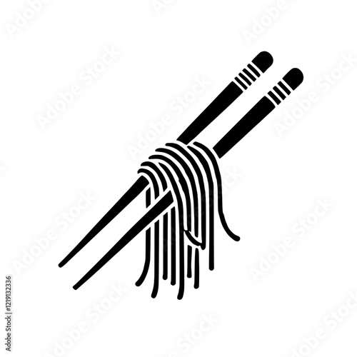 Chopsticks and Noodles: A simple, bold, and elegant icon depicting a pair of chopsticks holding a clump of noodles. Perfect for illustrating food, culture, or dining experiences.