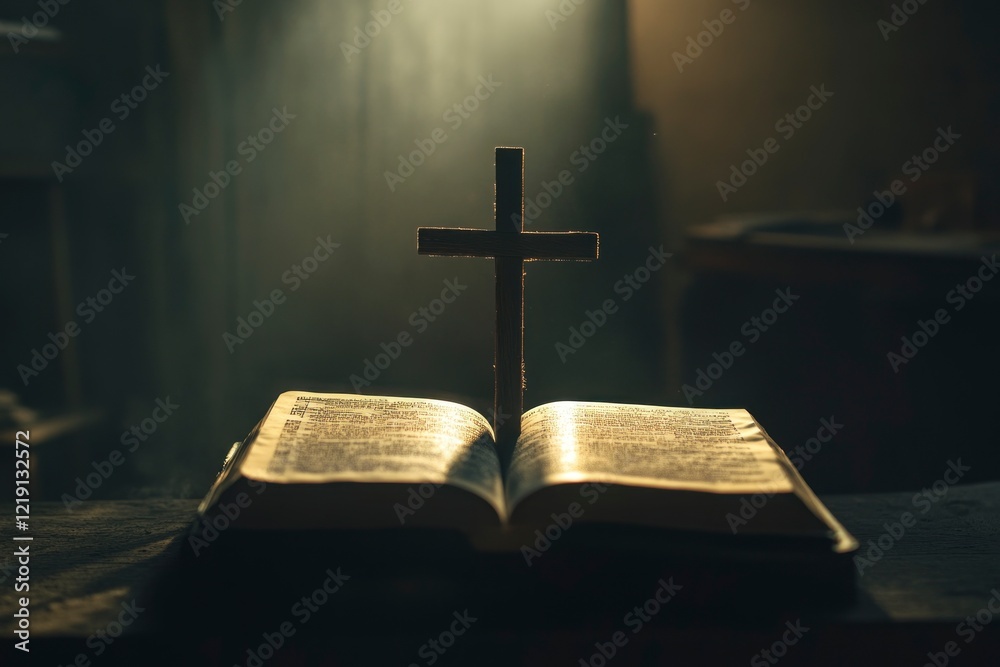 The cross is placed on an open Bible, with the light shining from behind it and casting shadows in front. The background features dark tones and soft lighting, creating a peaceful atmosphere. The cross is placed on an open Bible, with the light shining from behind it and casting shadows in front. The background features dark tones and soft lighting, creating a peaceful atmosphere.