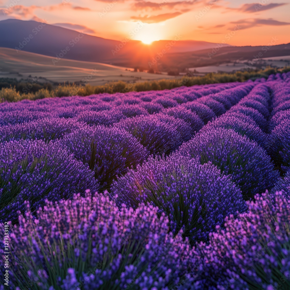 Fototapeta premium Lavender field at sunrise with soft golden light.
