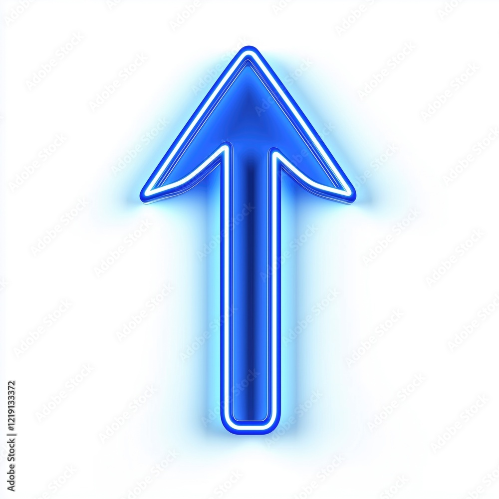 Bright blue neon arrow pointing upwards against a white background, symbolizing direction and progress. Bright blue neon arrow pointing upwards against a white background, symbolizing direction and progress.