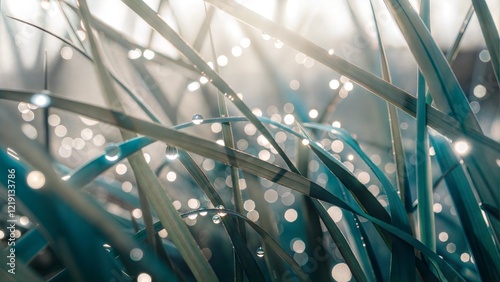 Close-up of dew on fresh green grass with early morning sunlight shining through, natural, soft, and vibrant