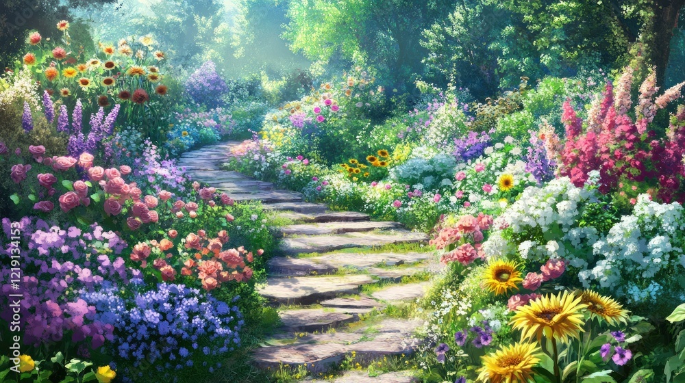 Sunlit garden path, vibrant flowers, lush foliage, peaceful scene, game background