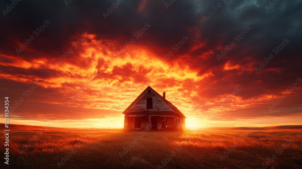 This image showcases an old house bathed in the golden rays of sunset, set against a field of gently swaying grass, evoking a sense of tranquility and reflection. This image showcases an old house bathed in the golden rays of sunset, set against a field of gently swaying grass, evoking a sense of tranquility and reflection.