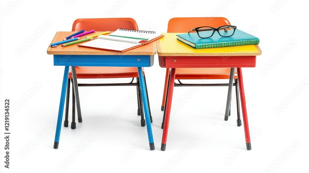 Fototapeta premium A set of school desks with notebooks, pens, and reading glasses on a white isolated background