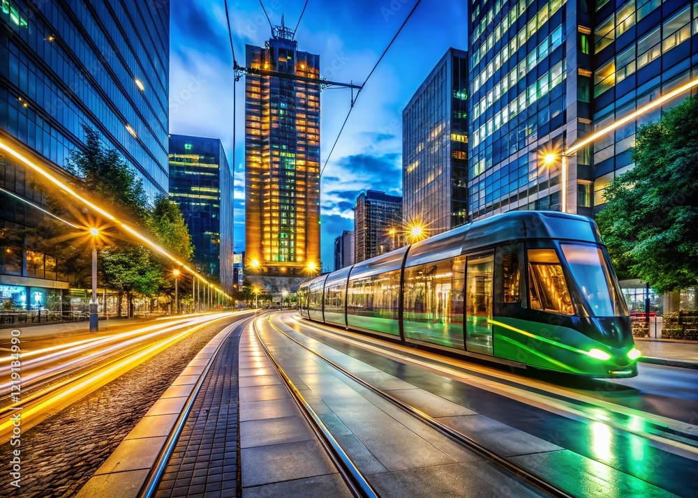 Modern Tram in City at Night - Long Exposure Photography Modern Tram in City at Night - Long Exposure Photography