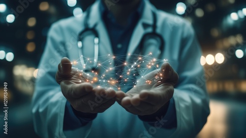 A healthcare professional in a lab coat holds glowing network connections in their hands, symbolizing technology and innovation in medicine.