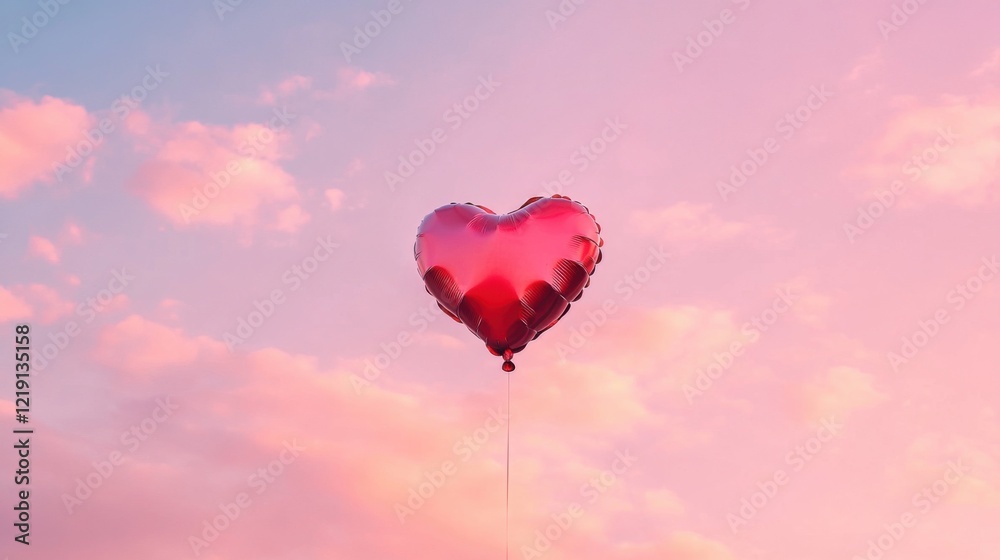 Obraz premium Red heart shaped balloon floating in the air against a blue sky background