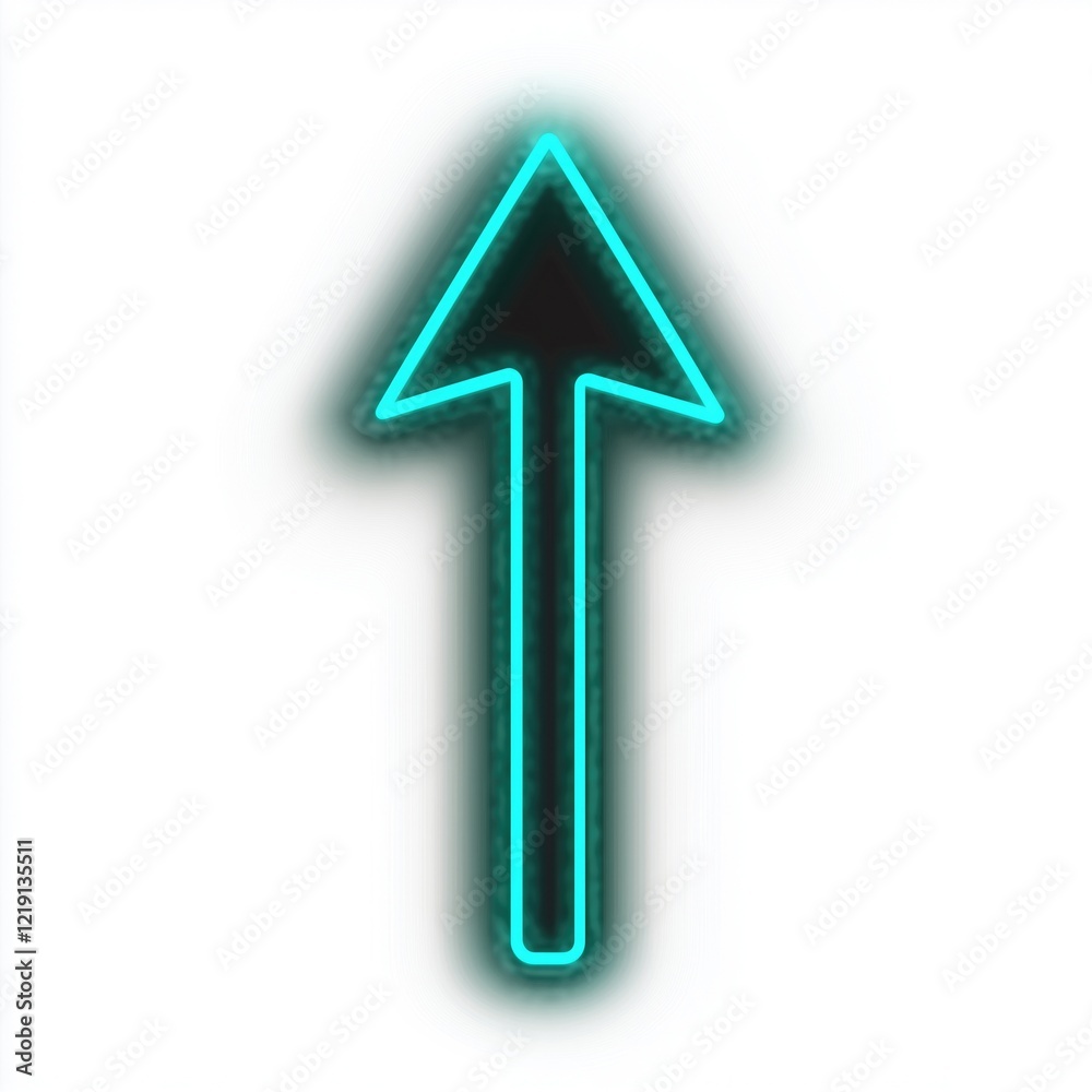 Bright neon arrow pointing upwards, glowing against a white background, symbolizing direction and movement. Bright neon arrow pointing upwards, glowing against a white background, symbolizing direction and movement.