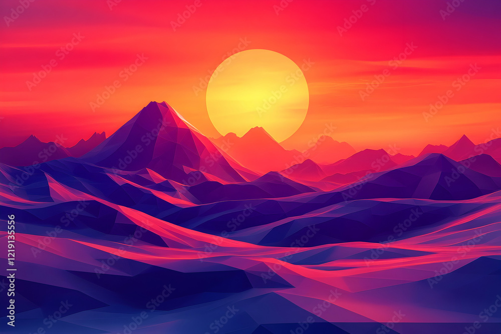 Fototapeta premium Vibrant Abstract Sunset Over Geometric Mountain Landscape With Bold Colors Of Red, Orange, And Purple In A Futuristic Style. Generative AI