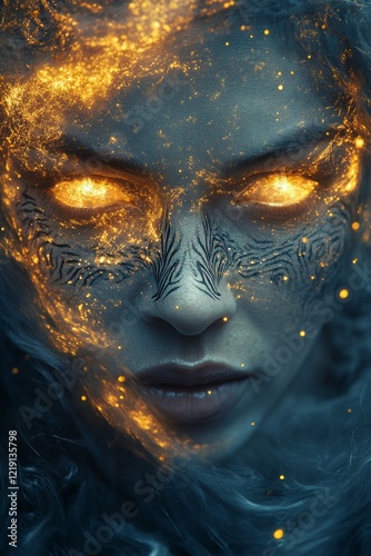 Mystical woman with glowing eyes and face paint