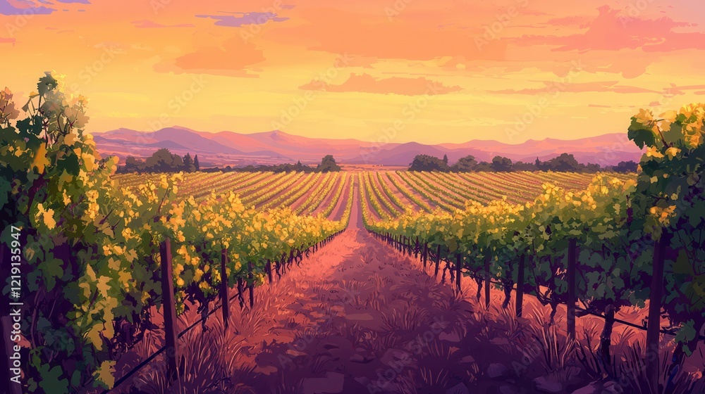 Fototapeta premium Tranquil Vineyard Landscape at Sunset with Rows of Grape Vines Under Soft Pink Sky