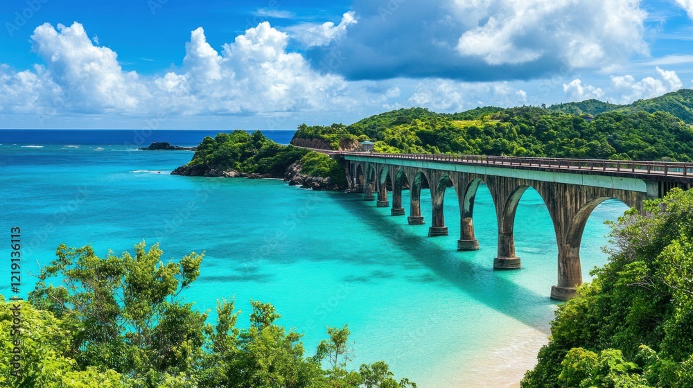 Tropical bridge spans turquoise ocean, lush coast Tropical bridge spans turquoise ocean, lush coast