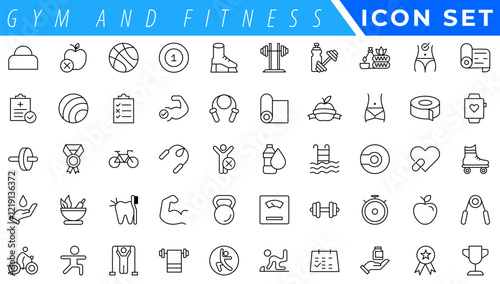 Gym and fitness icon set. Containing healthy lifestyle, weight training, body care and workout or exercise equipment icons. Solid icons vector collection.