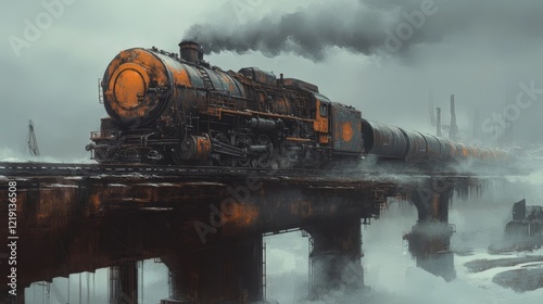 Vintage steam locomotive crosses an old bridge amid fog in an industrial setting photo