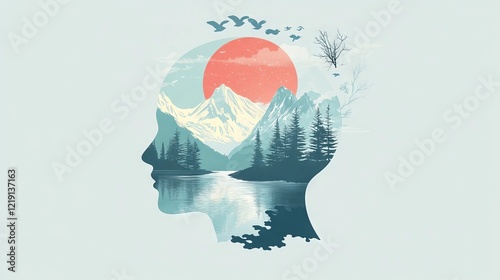 Nature's reflection in the serene silhouette of a person surrounded by mountains, forests, and a bright sun