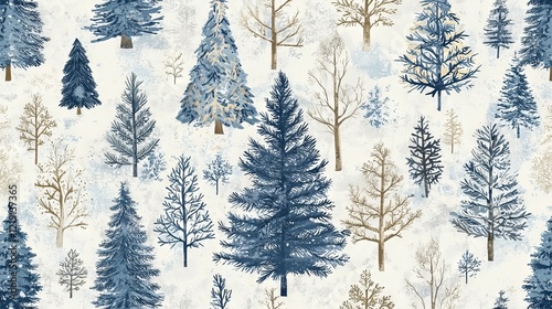 Winter forest landscape with various trees in shades of blue and white on a light background