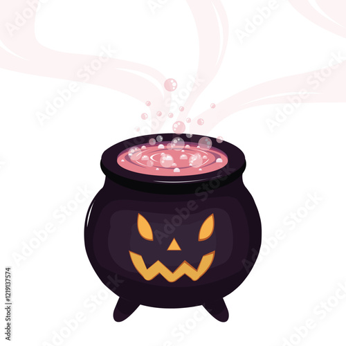Halloween magic pot with pink potion. Isolated evil item for wizard, sorceress or mage, cartoon pot with poison. Vector steel boiler with boiling magic brew or steaming goo. Witch cauldron