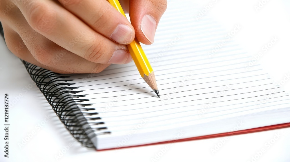 A close-up of a student writing notes with a pencil on a lined notebook on a white isolated background A close-up of a student writing notes with a pencil on a lined notebook on a white isolated background