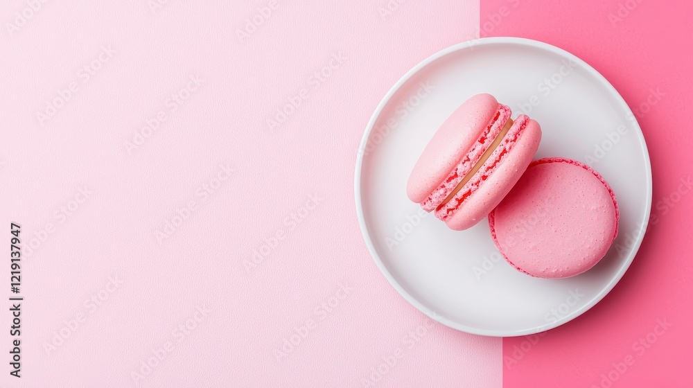 Obraz premium Delicate Pink Macarons on White Plate, Pastel Food Photography Background