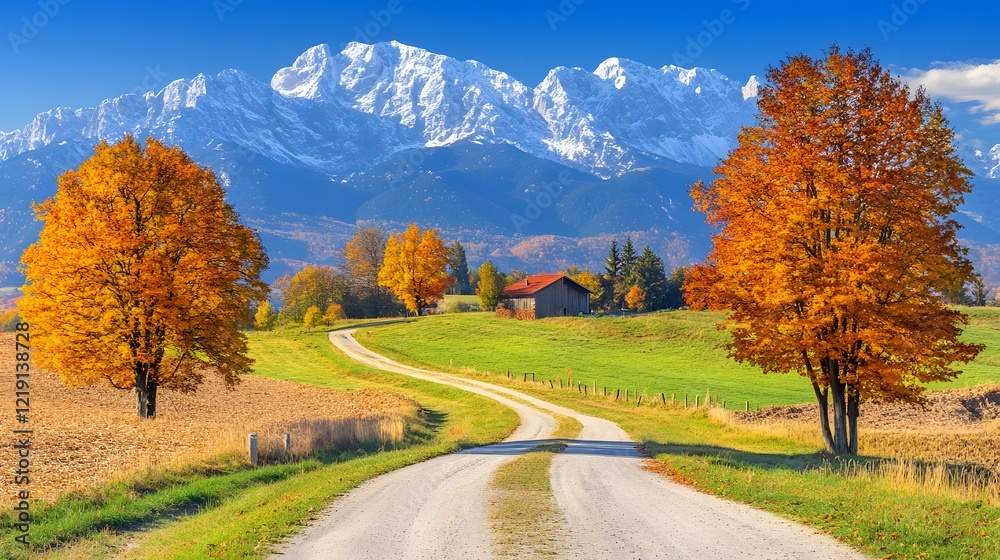 Autumnal Country Road Winding Through Golden Trees and Majestic Mountains Autumnal Country Road Winding Through Golden Trees and Majestic Mountains