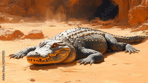 A large alligator lying on sand photo