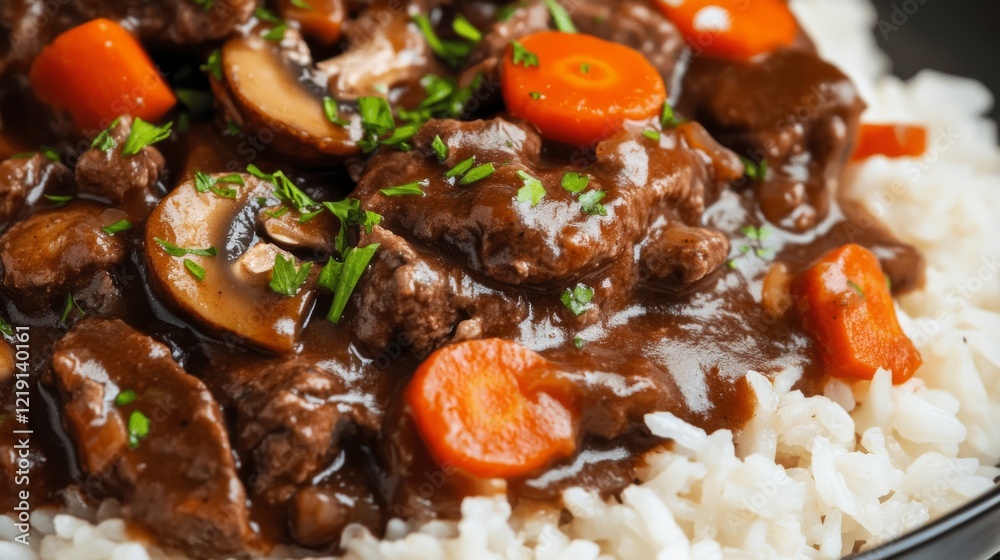 Close-up of rice with hearty beef bourguignon. Featuring beef stew in red wine with mushrooms and carrots, served over rice. Emphasizing a rich, comforting dish. Ideal for beef bourguignon recipes. Close-up of rice with hearty beef bourguignon. Featuring beef stew in red wine with mushrooms and carrots, served over rice. Emphasizing a rich, comforting dish. Ideal for beef bourguignon recipes.
