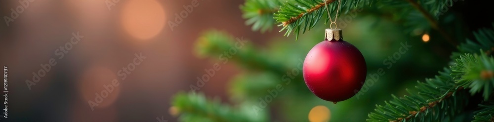 Fototapeta premium A single red bauble on a white string hangs from a branch of fir tree, red, fir