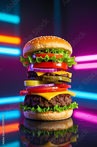 A delicious hamburger with cheese, lettuce, tomato, and onion on a sesame bun, placed against a black background photo