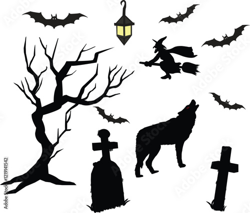 Collection of Halloween silhouettes. Haunted Creepy tree, flying witch, hanging lamp, bats, wolf, tombstone etc.