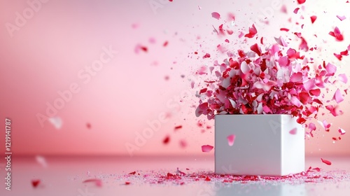 The image features a dynamic explosion of colorful flower petals bursting from a white gift box, symbolizing joy and celebration, creating a visually captivating scene.
