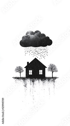 minimalist black and white illustration depicting a house under a stormy cloud, rain falling. Two bare trees flank the house, grounded in a textured base. Eerie and melancholic atmosphere
