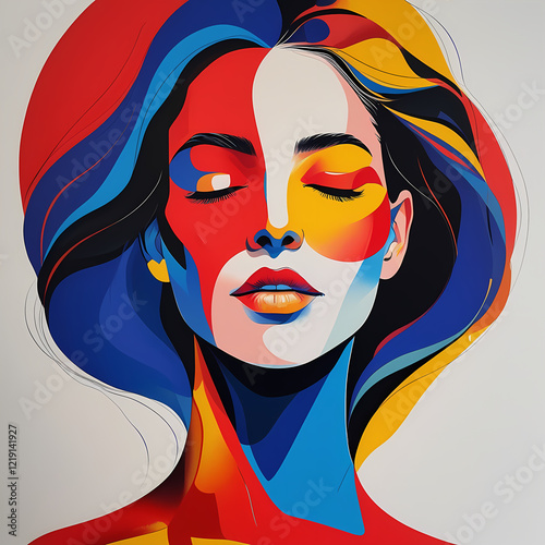 Portrait of a beautiful woman with a flag, wearing a mask, showcasing her expression and fashion, close-up view of her face and hair, vector illustration photo