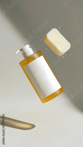 Plain soap and facial cleanser without any writing on a bright and vibrant background is suitable for advertising photo