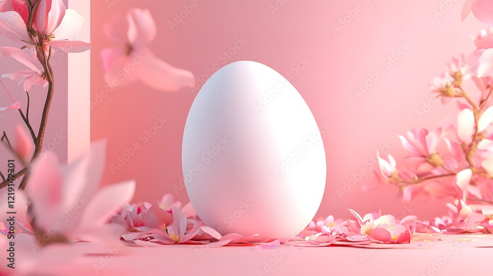 Elegant mock up of a clean white egg surrounded by floral blossoms soft pink background minimalist design Elegant mock up of a clean white egg surrounded by floral blossoms soft pink background minimalist design
