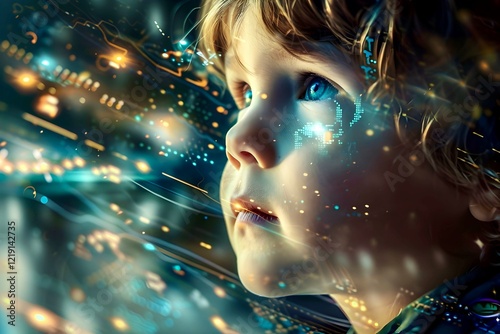 Child gazing at futuristic digital interface with glowing elements, representing beta generation and ai education emphasizing the future of learning and innovation, concept of technology and education